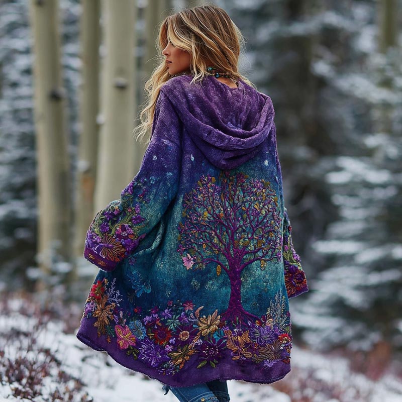 Comstylish Women's Tree Of Life Floral Gradient Cozy Pocket Hooded Cardigan