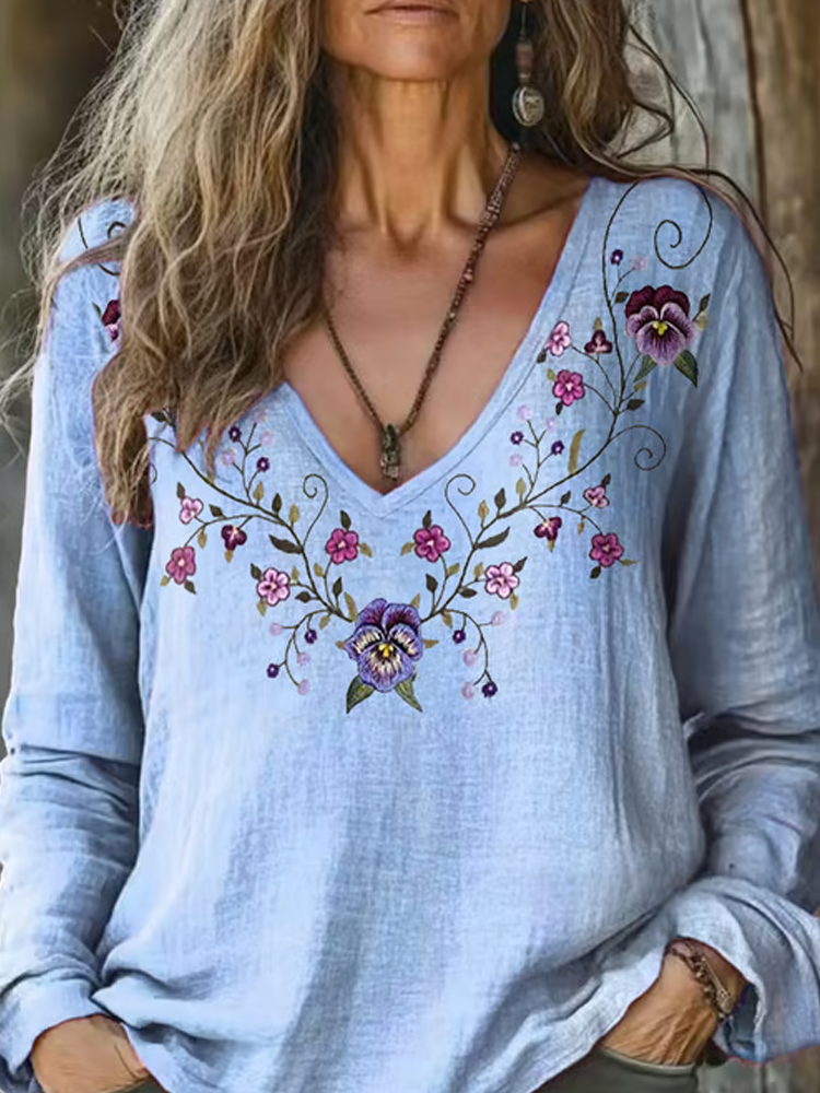 Women's Alzheimer's Floral Printed Cotton And Linen Long Sleeve Top artswardrobe