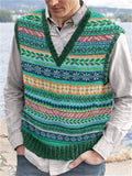 Men's Vintage Colorful Christmas Snowflake V Neck Isle Knit Vest elevenforest