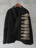Comstylish Fish Japanese Lino Art Cozy Fleece Kimono Cardigan