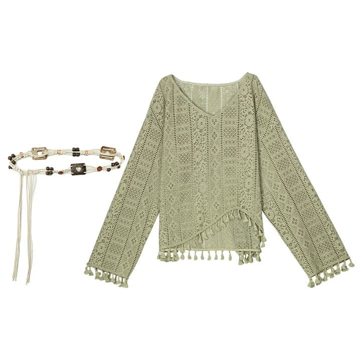 Women's Vintage Floral Lace Tassel Shirt And Patchwork Art Shirt Bohemian Belt Three Piece Set artswardrobe