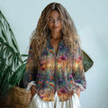 Vintage  Gradient Flowers Embroidered Linen Print  Long Sleeve Shirt artswardrobe