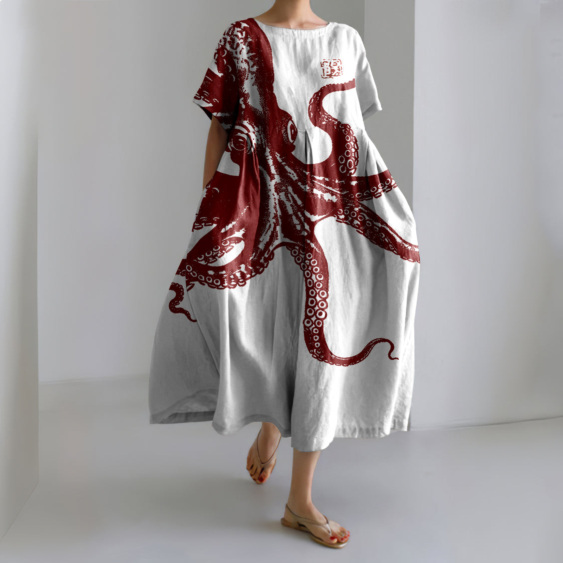 Comstylish Japanese Art Retro Octopus Print Casual Midi Dress