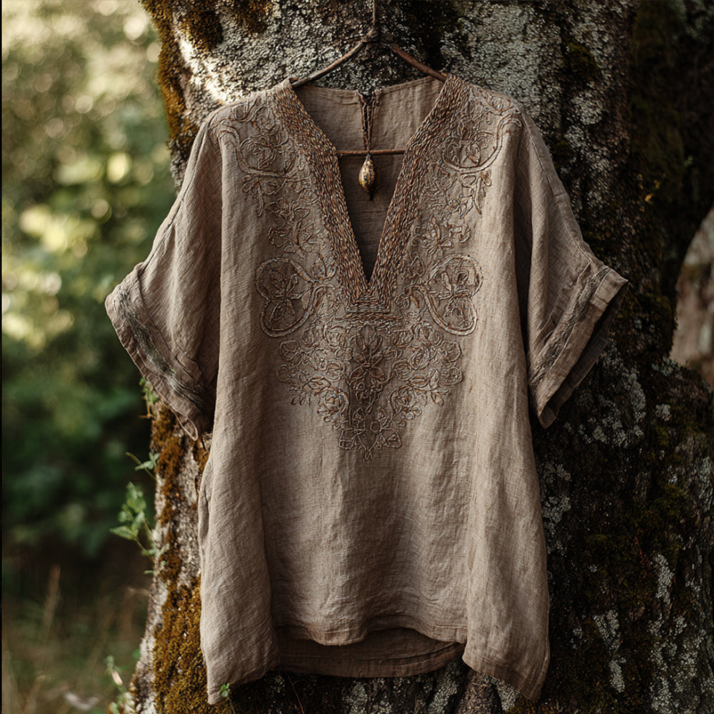 Antique Pattern Short-sleeved V-neck Top artswardrobe