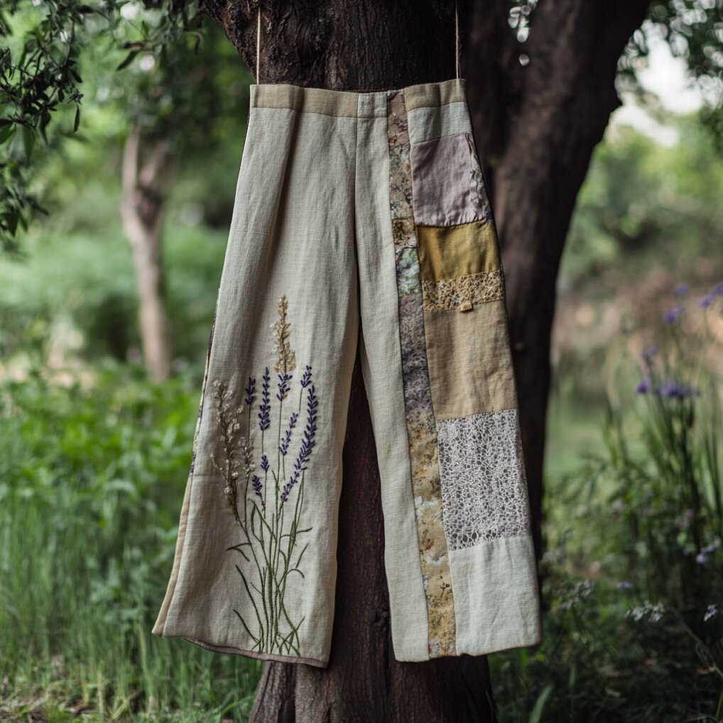 Women's Floral Patch Linen Comfort Casual Pants artswardrobe