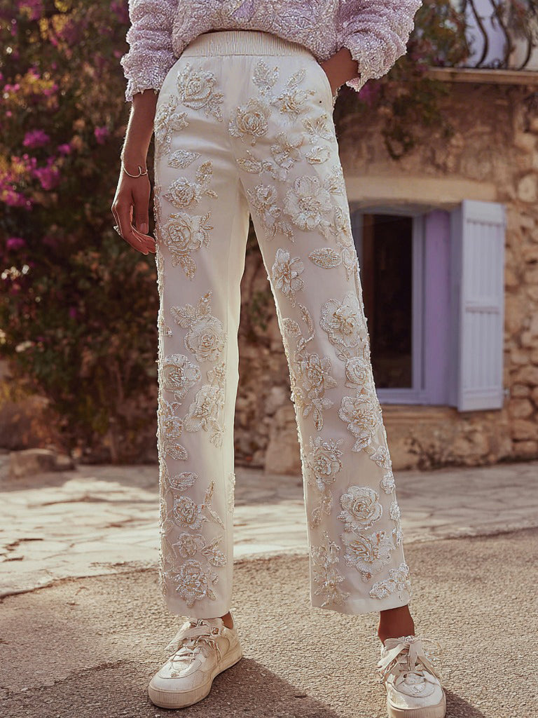 Comstylish Women's Vintage Floral Embroidered Casual Pants