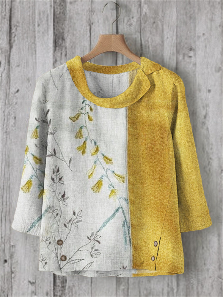 Comstylish Classy Floral Contrast Color Linen Blend Tunic