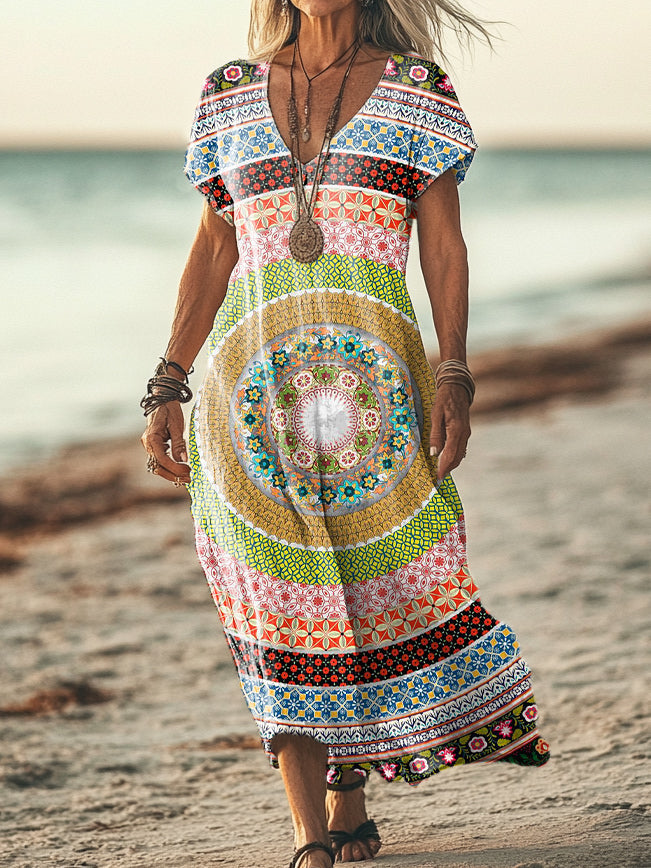 Women's Vintage Datura Floral Art Print Pocket Cotton Dress
