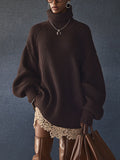 Chocolate Oversized Knit Turtleneck Long Sleeve Mini Dress With Lace Trim
