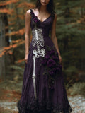 Comstylish Women Halloween Skeleton Purple Rose Strap Making Old Dress
