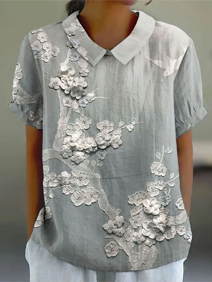 Women's Casual Lace Floral Embroidery Print Shirt