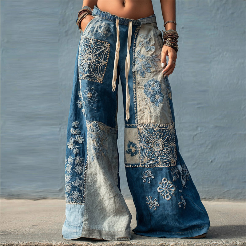 Boho Floral Japanese Sashiko Colorblock Flowy Wide Leg Linen Pants