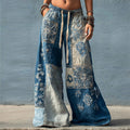 Comstylish Boho Floral Japanese Sashiko Colorblock Flowy Wide Leg Linen Pants