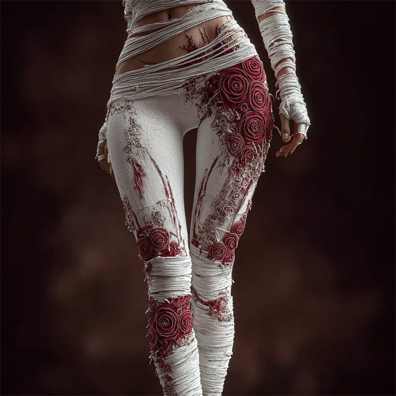 Comstylish Halloween Bloody Glitter Roses Bandages Cozy Knit Leggings