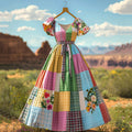 Women's Vintage Plaid Floral Patchwork Linen V-neck Short Sleeve Dress artswardrobe