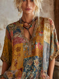 Bohemian Style Bright Yellow Patchwork Floral Vintage Tie-dye V-neck Short-sleeved Shirt artswardrobe