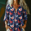 Women's Independence Day Vintage Rooster Art Print Cotton And Linen Shirt artswardrobe