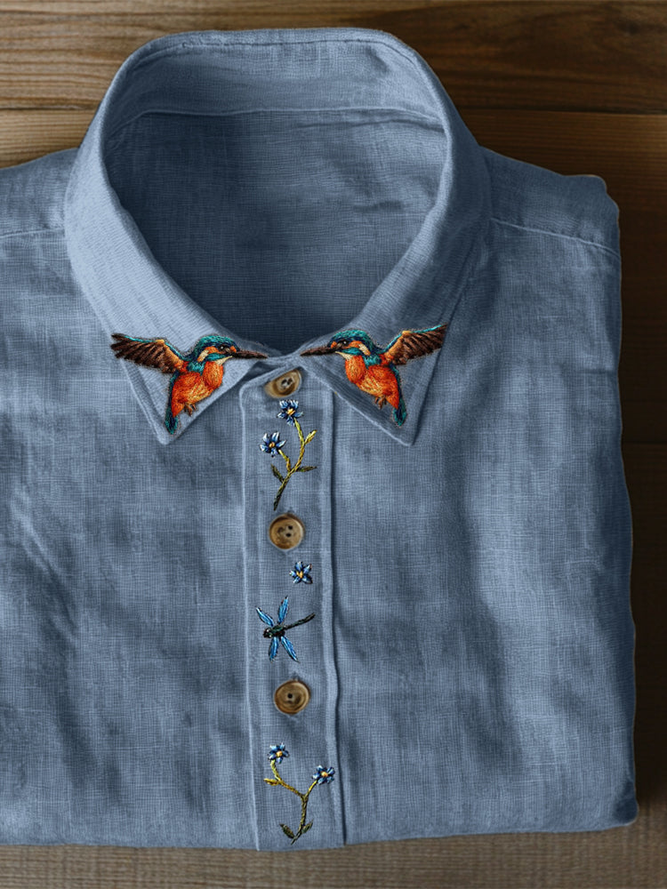 Comstylish Cottage Humming Birds Floral Embroidered Linen Blend Blouse
