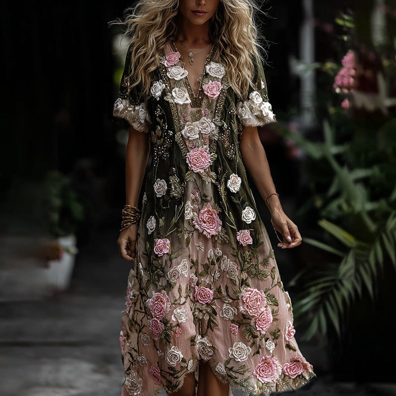 Women's Classic Romantic Pink Rose Embroidery Art Comfy Linen Midi Dress artswardrobe