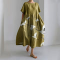 Comstylish Japanese Art Crane Printed Crew Neck Casual Midi Dress