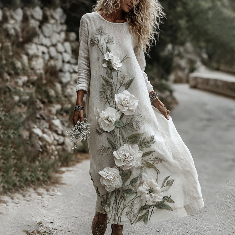 Women's Classic Romantic White Rose Embroidery Art Comfy Linen Maxi Dress artswardrobe