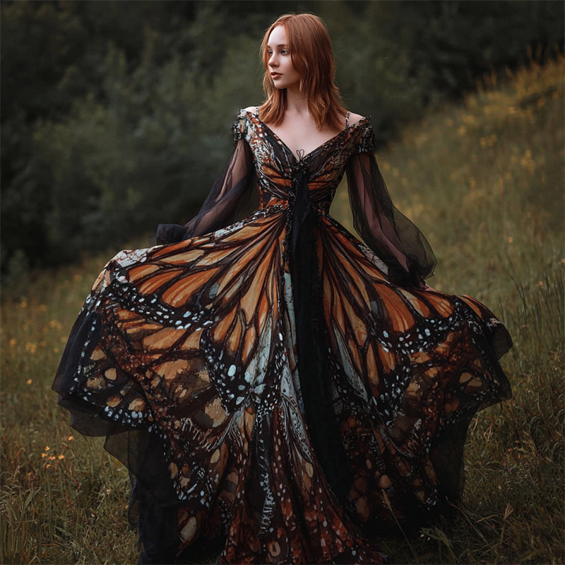 Comstylish Vintage Butterfly Inspired Wide Skirted Flowy Maxi Dress