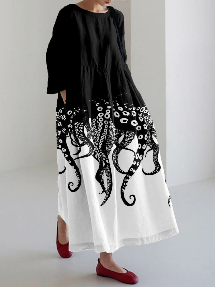 Tentacles Lover Essential Contrast Linen Blend Maxi Dress