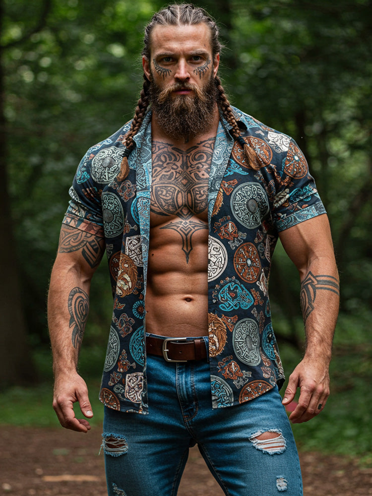 Vintage Viking Rune Print V Neck Short Sleeve Shirt elevenforest