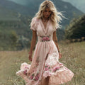 Women's Vintage Rose Embroidery Art Comfy Linen Maxi Dress artswardrobe
