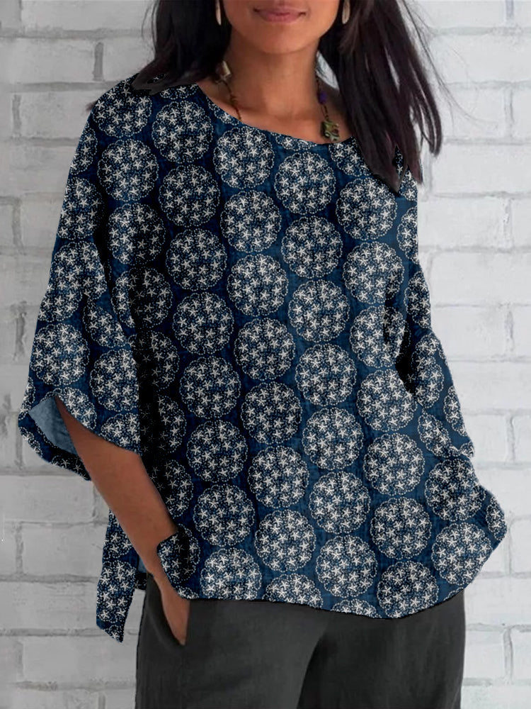 Comstylish Japanese Yukiwa Flower Balls Sashiko Art Linen Blend Tunic