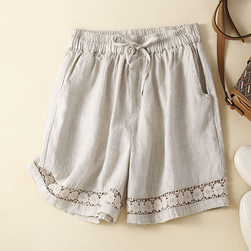 Women's Retro Solid Color Lace Elastic Waist Cotton And Linen Shorts artswardrobe