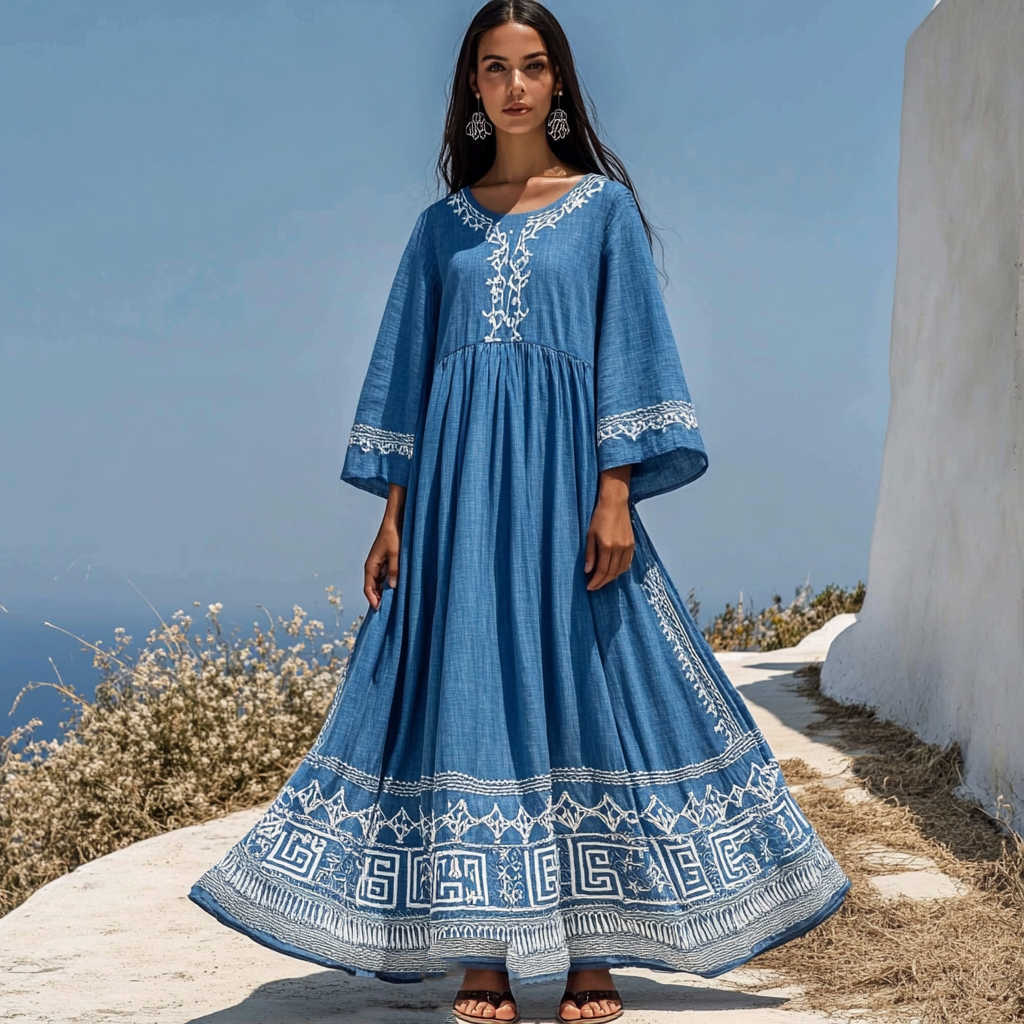 Vintage Classic Greek Key Round Neck Linen Blend Maxi Dress artswardrobe