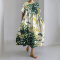 Comstylish Japanese Art Flower Print Round Neck Loose Midi Dress