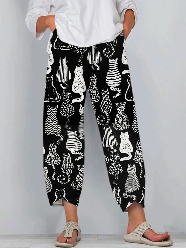 Black and White Cat Line Print Linen Casual Pants elevenforest