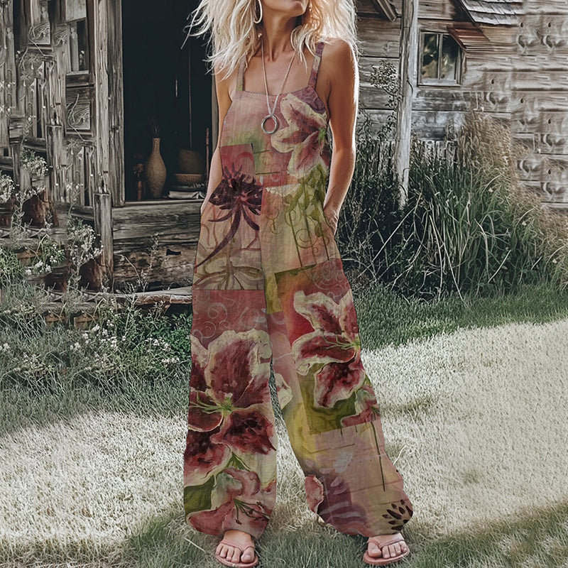 Women's Pink Floral Linen Print Cotton Linen Jumpsuit artswardrobe