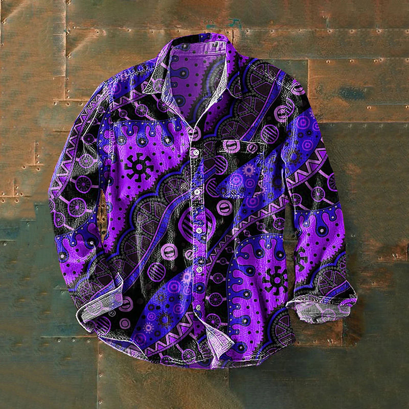 Men's Vintage Peace And Love Daisy Art Print Linen Lapel Long Sleeve Shirt artswardrobe