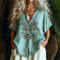 Women's Vintage Bohemian Flowers Art Short Sleeve Shirt artswardrobe