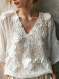 Bohemian Style Woman's V-neck White Rose Short-sleeved Shirt artswardrobe