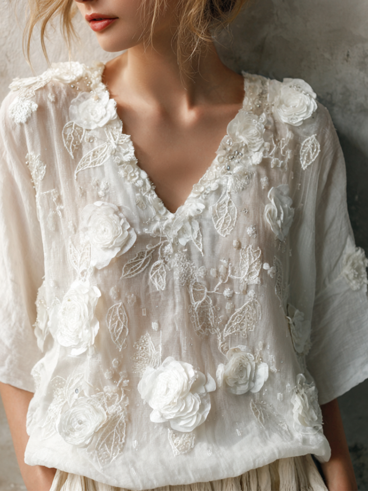Bohemian Style Woman's V-neck White Rose Short-sleeved Shirt artswardrobe