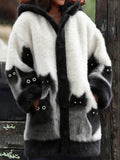 Comstylish Lovely Fuzzy Cats Art Contrast Cozy Hooded Cardigan