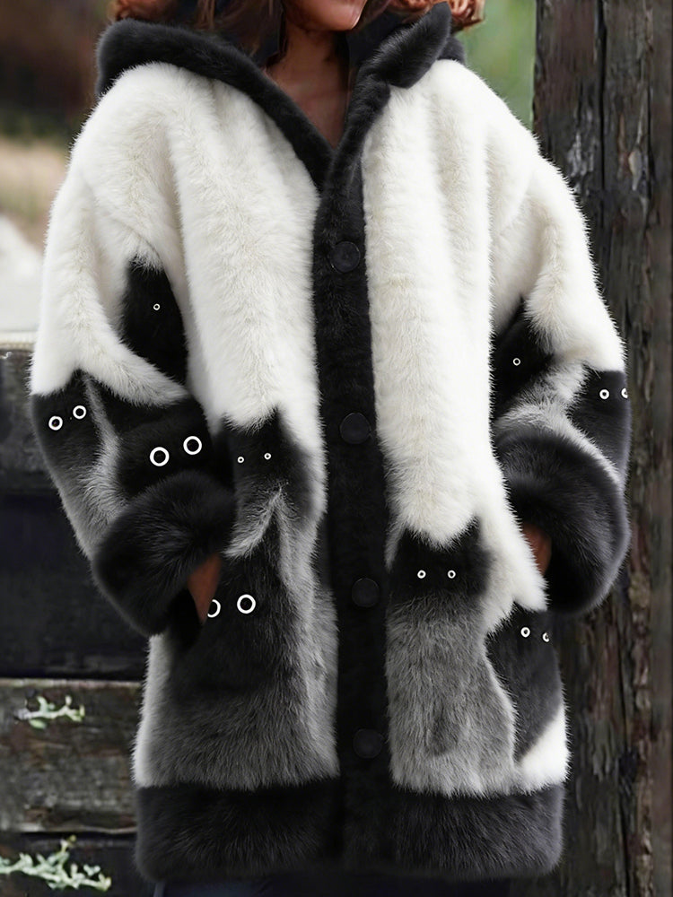 Comstylish Lovely Fuzzy Cats Art Contrast Cozy Hooded Cardigan