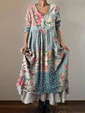 Women's Vintage Floral Patchwork Art Print V-Neck Button Pocket Cotton
