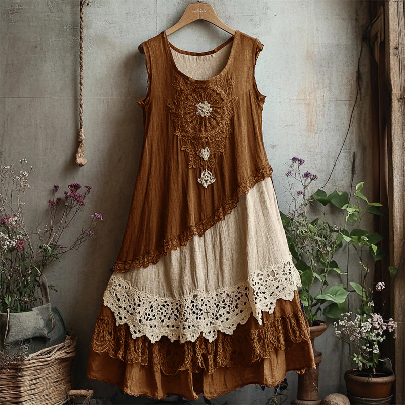 Retro Lace Patchwork Comfy Linen Tank Dress artswardrobe