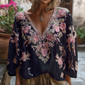 Comstylish Bohemian Three-dimensional Pink Floral Sequin V-neck Long-sleeved Top