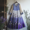 Vintage Boho Lavender Gradient Art Linen V-neck Maxi Dress artswardrobe