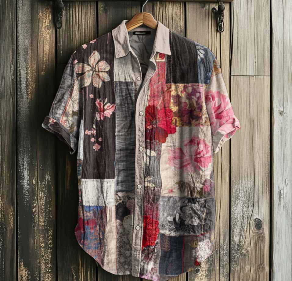 Men's Retro Floral Geometry Art Linen Casual Shirt artswardrobe