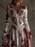 Comstylish Halloween Bloody Roses Skeleton Anatomy Bandages Linen Maxi Dress