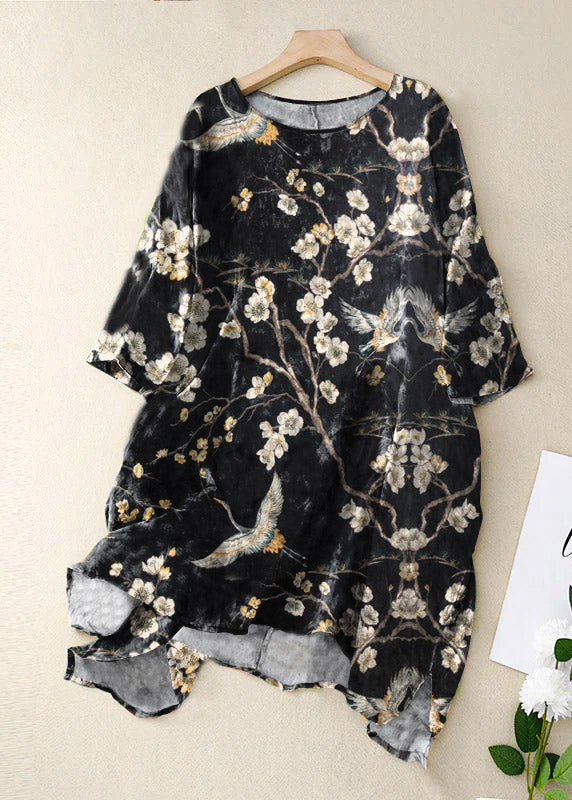 Green O Neck Print Patchwork Linen Mid Dress Bracelet Sleeve