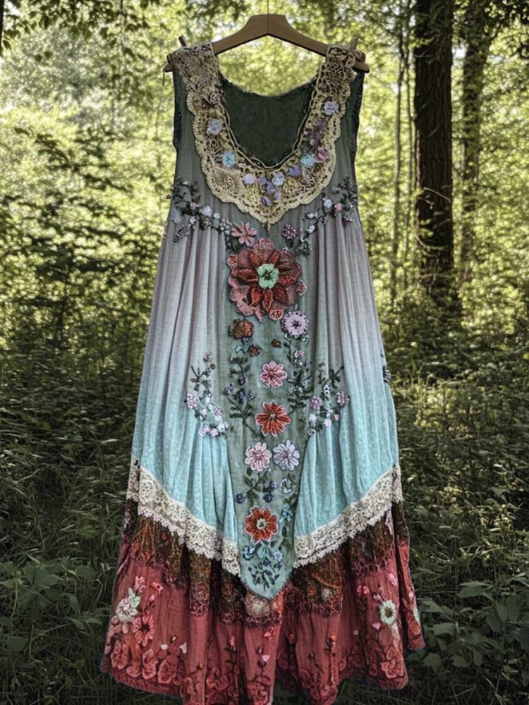 Vintage Boho Lavender Art Linen Patchwork Art Linen Tank Dress artswardrobe