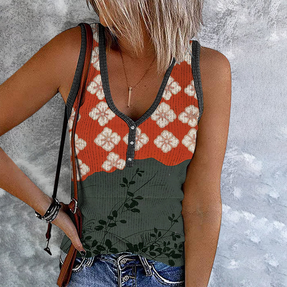 Comstylish Japanese Art Flower Print V-Neck Casual Tank Top